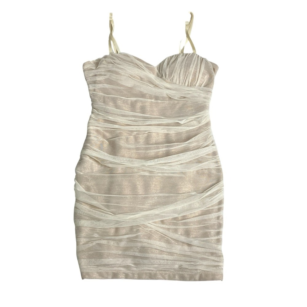 Max and Cleo Anna Dress Womens 10 Gold Metallic Ruched Mesh Cocktail Bodycon
